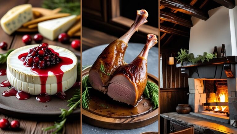 Zakopane restaurant dishes like duck confit, grilled oscypek, and rustic żurek soup with cozy interiors.