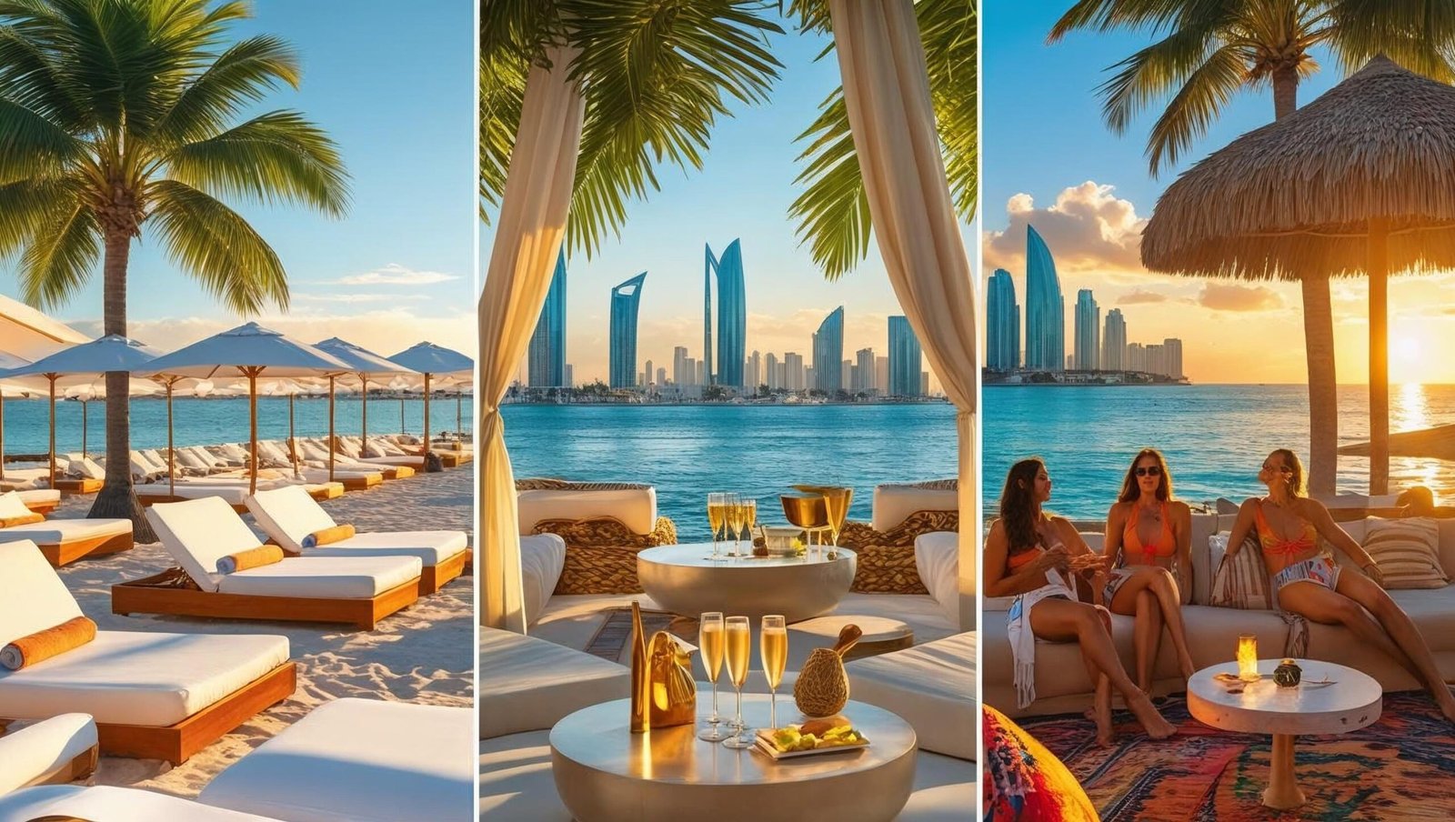 Luxurious beach clubs in Marbella, Dubai and Tulum – collage of sunbeds, skyline views and sunset lounges