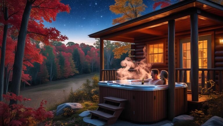 Romantic cabin getaway in Ohio with outdoor hot tub and forest views