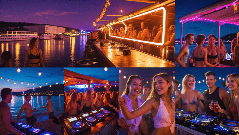 Best Belgrade nightclubs – party on splavovi with DJs, dancing crowds, and riverside views on the Sava River at night.