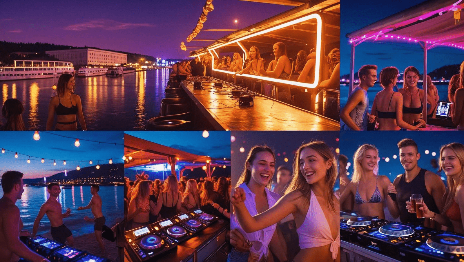 Best Belgrade nightclubs – party on splavovi with DJs, dancing crowds, and riverside views on the Sava River at night.
