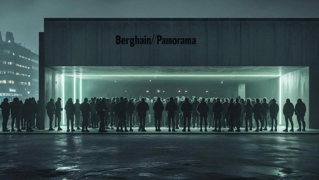 Nighttime view of Berghain’s industrial exterior in Berlin with a long queue of people dressed in techno attire under moody lighting — best nightclubs in the world.