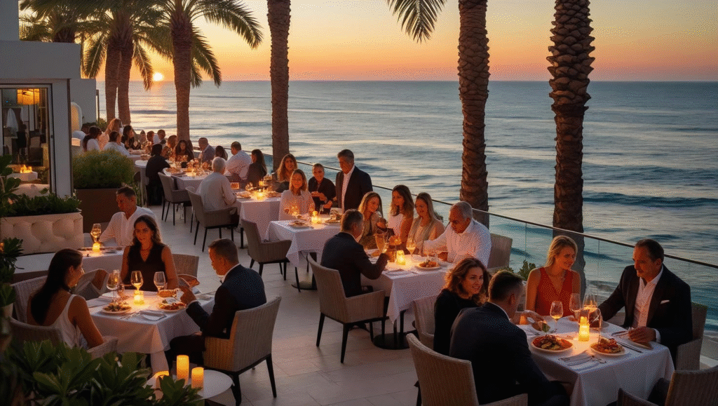 Elegant beachside dinner at Besaya Beach Marbella with sunset views, wine glasses, and fine dining – best beach clubs in Marbella