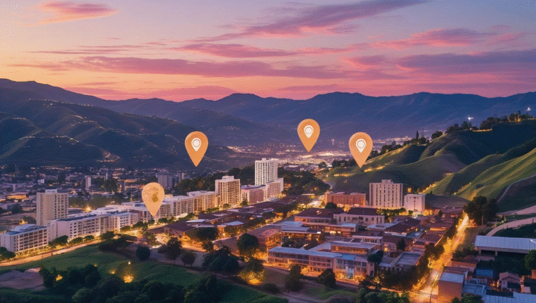 Medellín skyline at sunset with map pins highlighting main neighborhoods – best area to stay guide