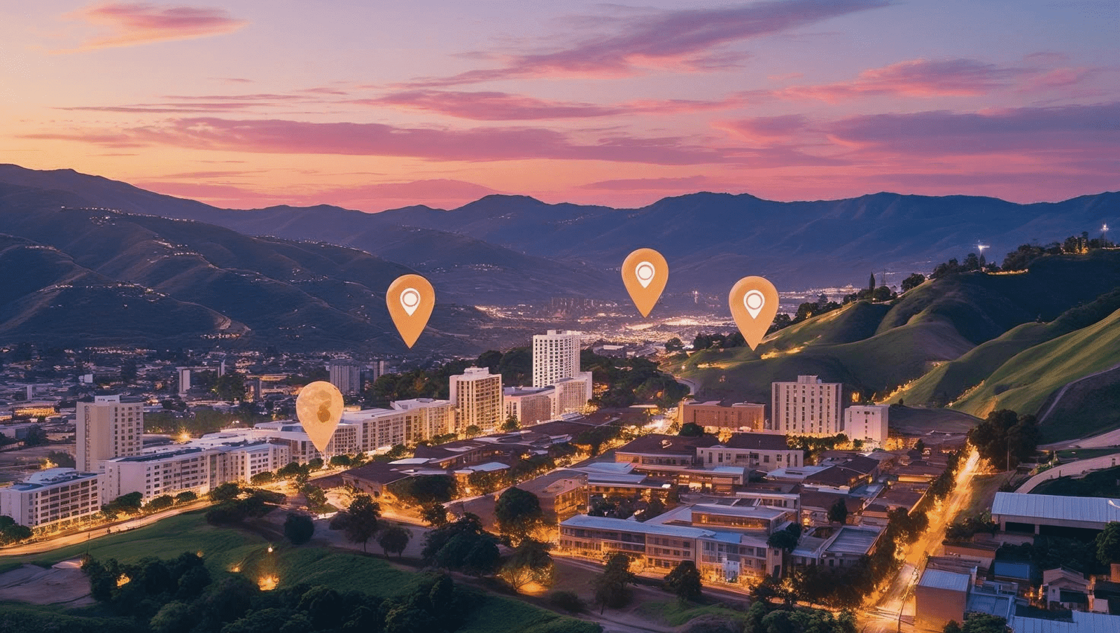 Medellín skyline at sunset with map pins highlighting main neighborhoods – best area to stay guide