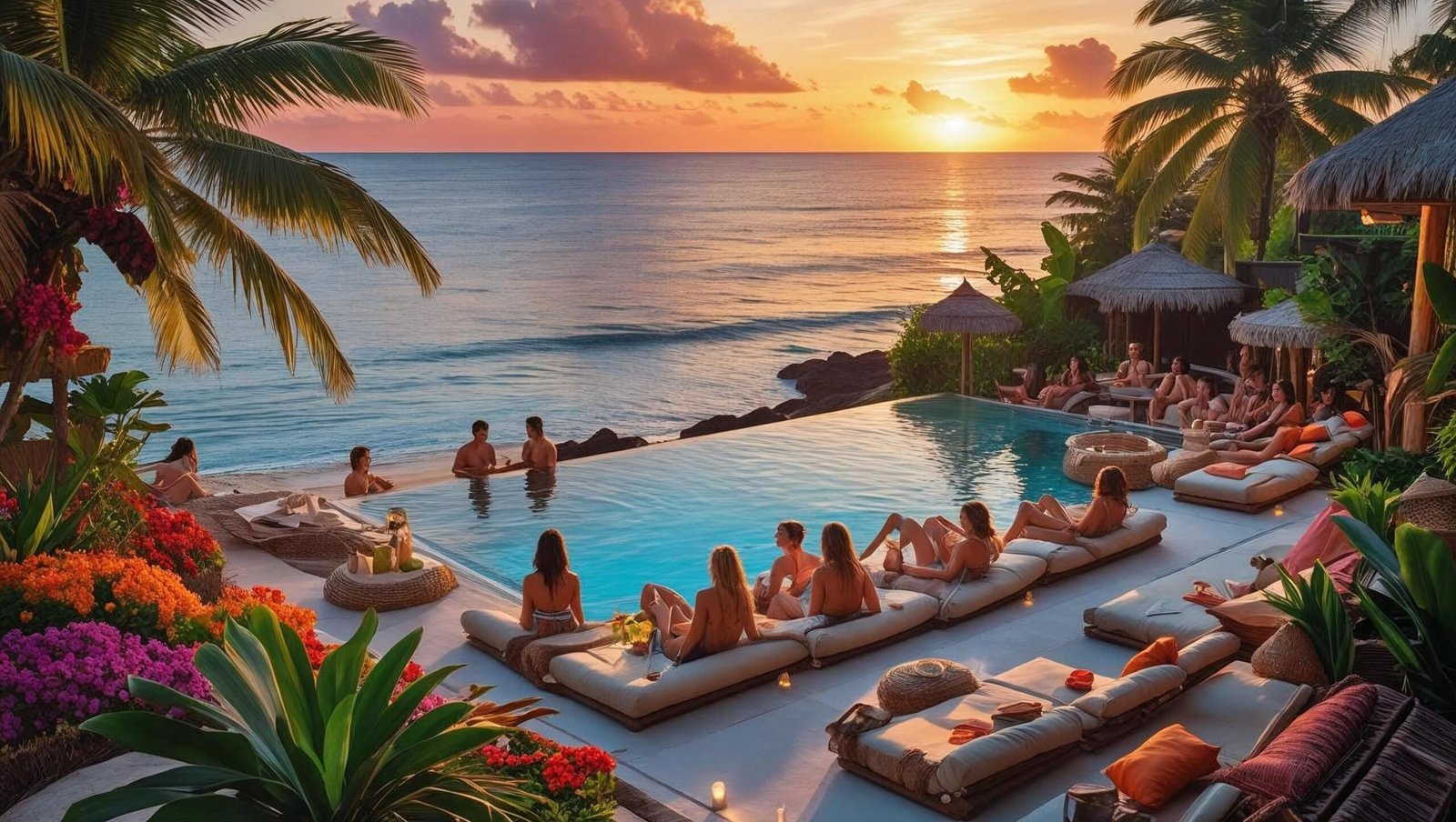 Luxury beach club in Bali at sunset with infinity pool, tropical vibes, and lounge beds — best beach clubs Bali 2025