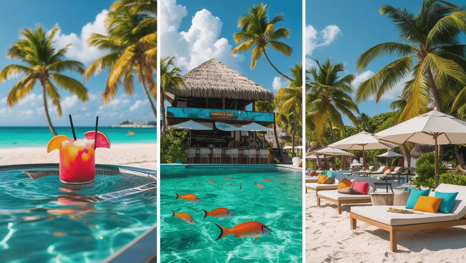 Swim-up bar, snorkeling reef, and beachfront daybeds at the best beach clubs in Cozumel.