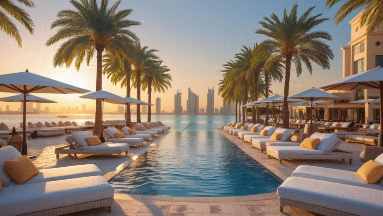 Best Beach Clubs in Dubai – sunset view with luxury sunbeds, palm trees, and Dubai skyline
