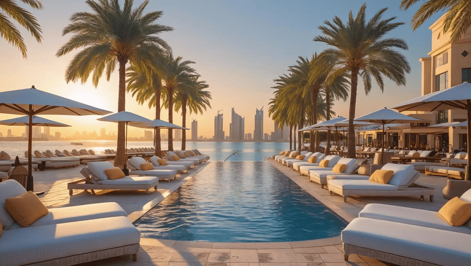 Best Beach Clubs in Dubai – sunset view with luxury sunbeds, palm trees, and Dubai skyline