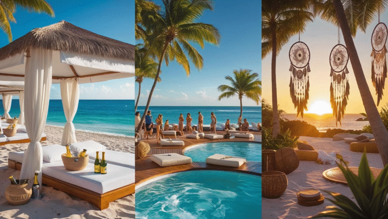 3-in-1 collage showing the best beach clubs in Marbella: Nikki Beach VIP cabanas, Ocean Club salt-water pool, and Playa Padre palm-lined sunset.