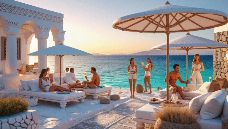 Luxury beach club in Mykonos at sunset with Cycladic architecture, white sunbeds, stylish guests, and turquoise Aegean Sea – 2025 summer vibes.