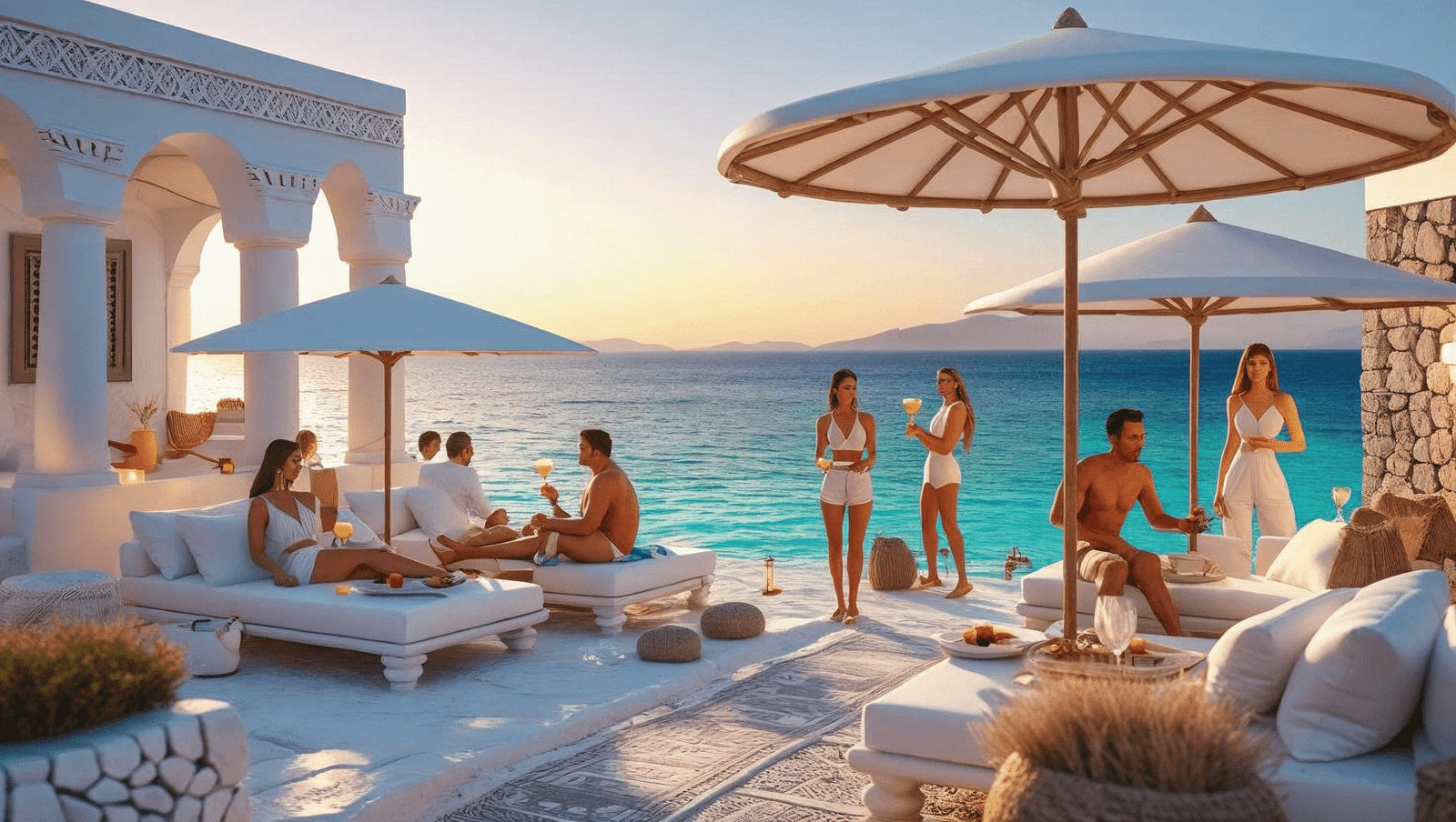 Luxury beach club in Mykonos at sunset with Cycladic architecture, white sunbeds, stylish guests, and turquoise Aegean Sea – 2025 summer vibes.
