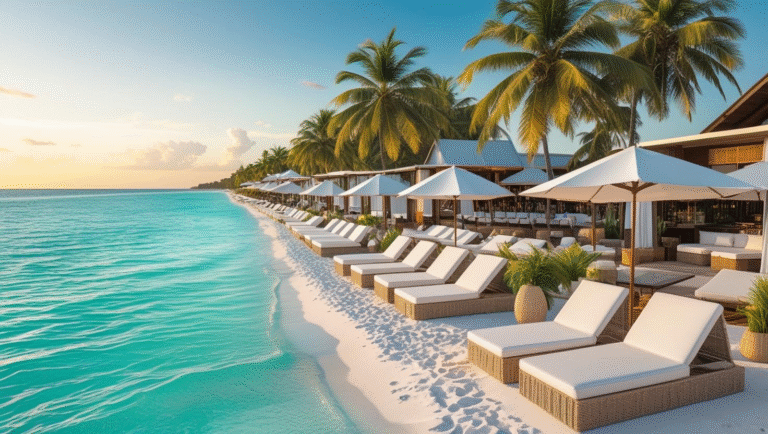 Sunbeds and umbrellas on a tropical beach at one of the Best Beach Clubs in Phuket, with palm trees and turquoise sea during golden hour