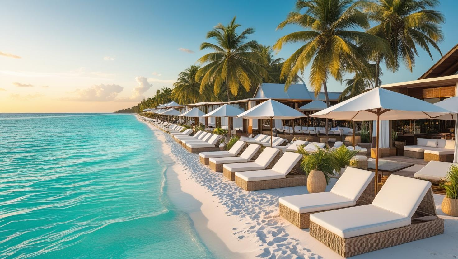Sunbeds and umbrellas on a tropical beach at one of the Best Beach Clubs in Phuket, with palm trees and turquoise sea during golden hour