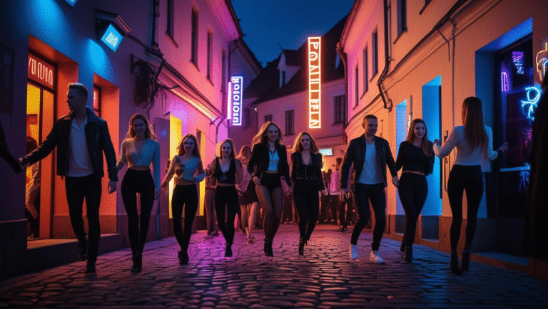 Nightlife in Krakow, Poland with people entering clubs in the Old Town at night, neon lights glowing, and a lively party atmosphere in 2025.