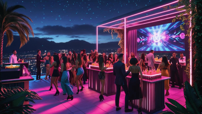 Rooftop nightclub in Provenza Medellín with neon lights, DJ booth, and dancing crowd – best clubs Medellín