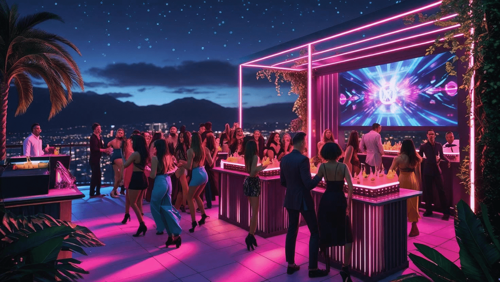 Rooftop nightclub in Provenza Medellín with neon lights, DJ booth, and dancing crowd – best clubs Medellín