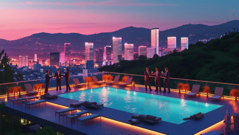 Group of men enjoying a rooftop infinity pool at dusk, Medellín skyline behind them – best hotels Medellín