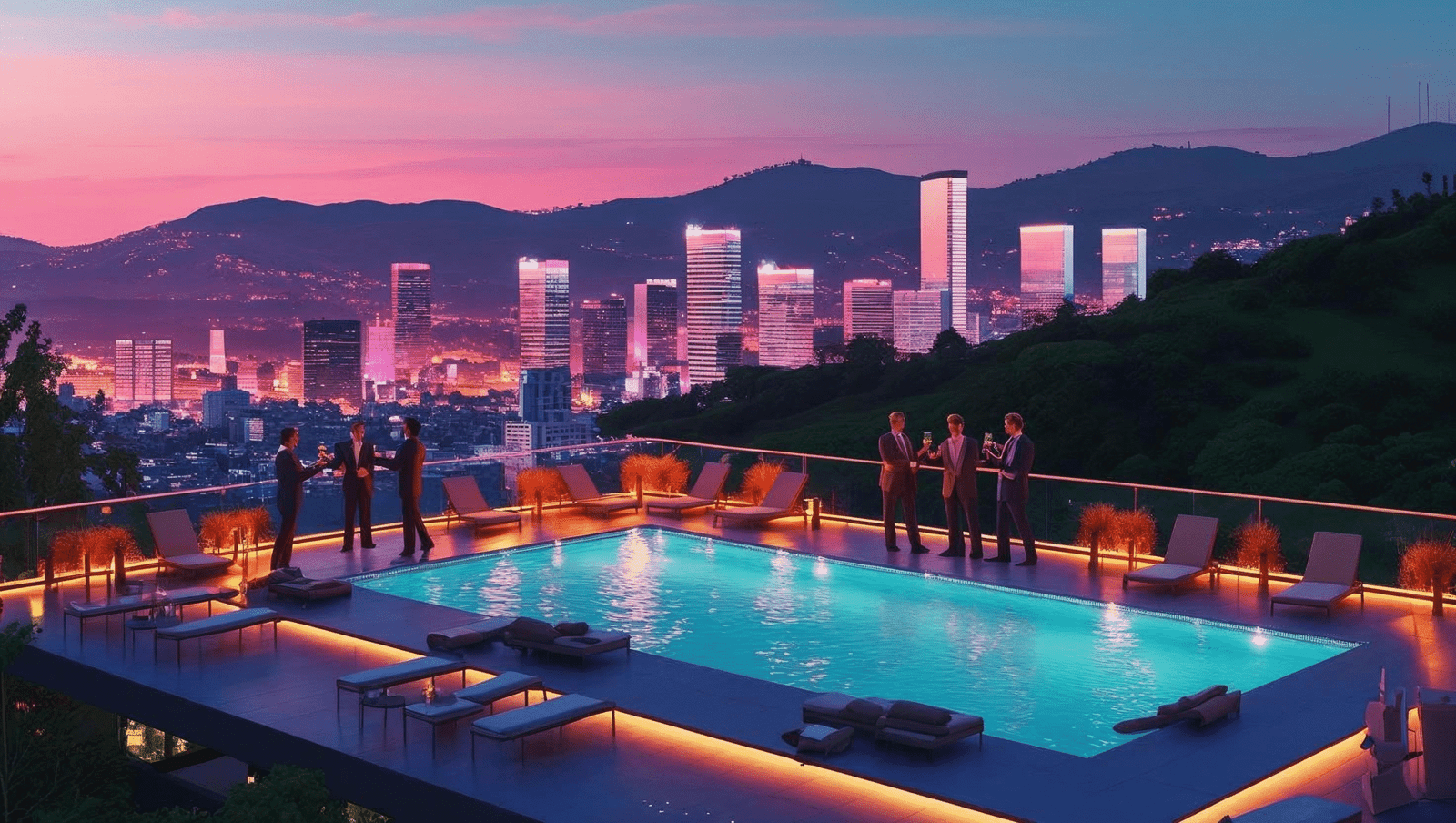 Group of men enjoying a rooftop infinity pool at dusk, Medellín skyline behind them – best hotels Medellín