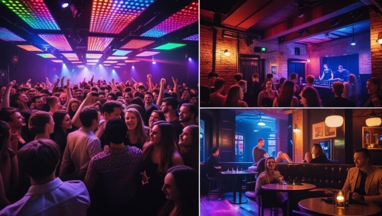 Realistic collage of Gdansk nightclubs featuring a vibrant dance floor, an underground club scene, and a stylish cocktail lounge — nightlife atmosphere.