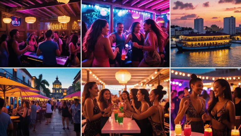 Cartagena nightlife collage with salsa clubs, rooftops, and Caribbean party scenes – best nightclubs in Cartagena