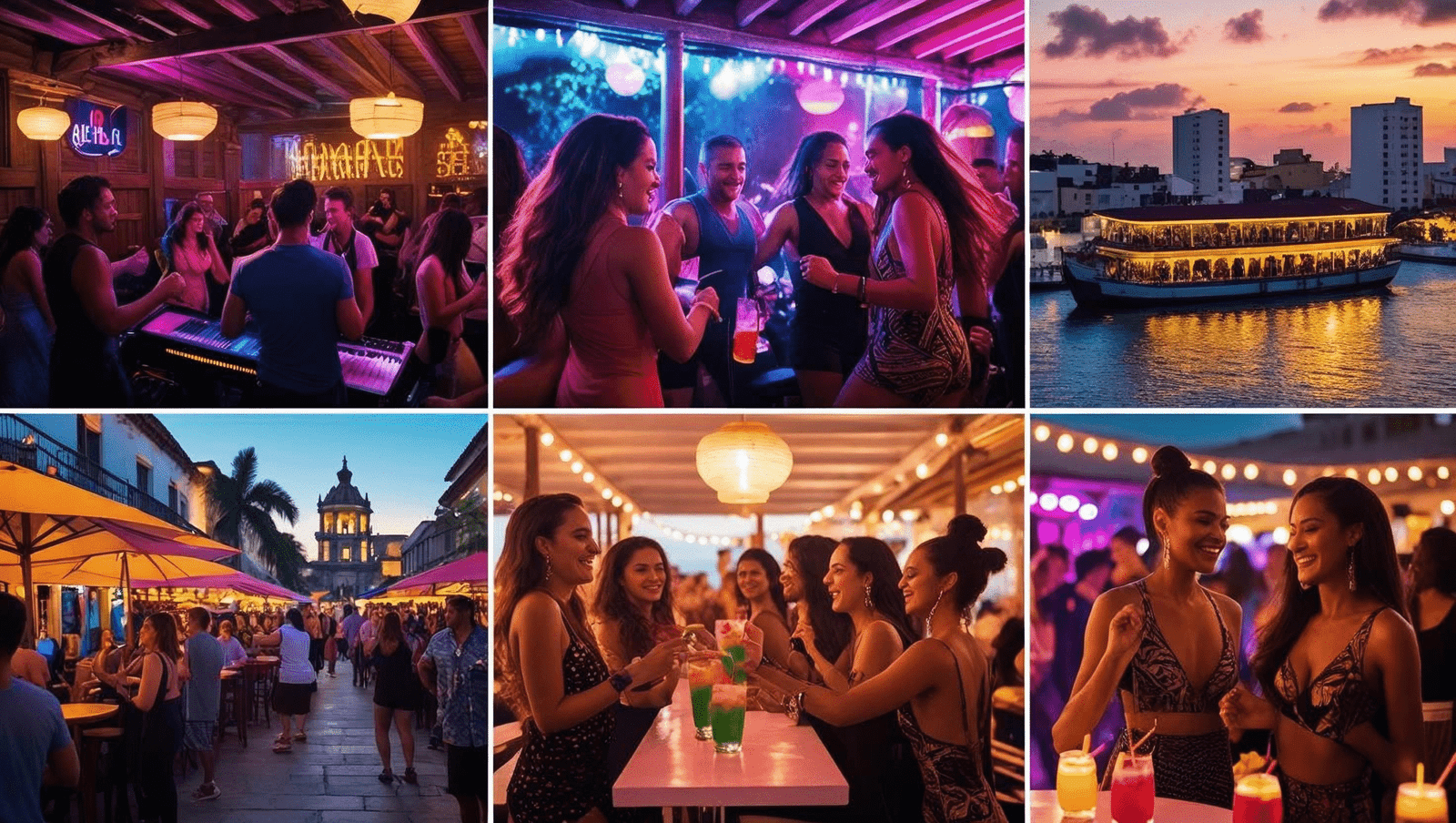 Cartagena nightlife collage with salsa clubs, rooftops, and Caribbean party scenes – best nightclubs in Cartagena