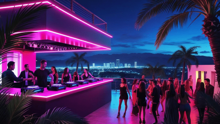 Neon-lit Provenza rooftop nightclub in Medellín with DJ booth, dancing crowd, and city skyline – best nightclubs Medellín