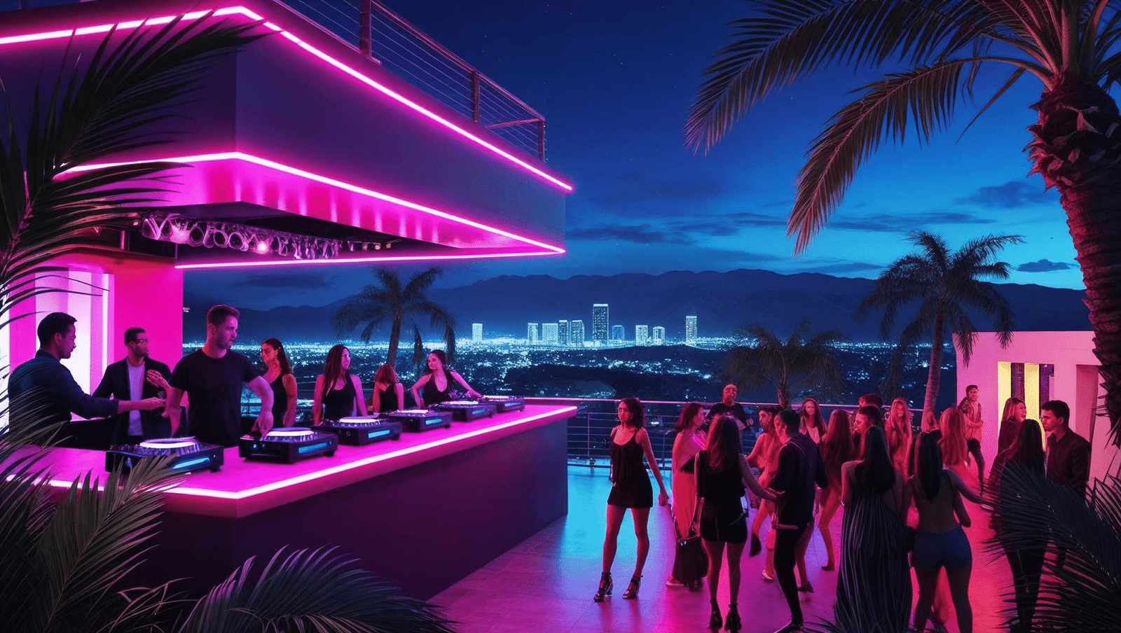 Neon-lit Provenza rooftop nightclub in Medellín with DJ booth, dancing crowd, and city skyline – best nightclubs Medellín