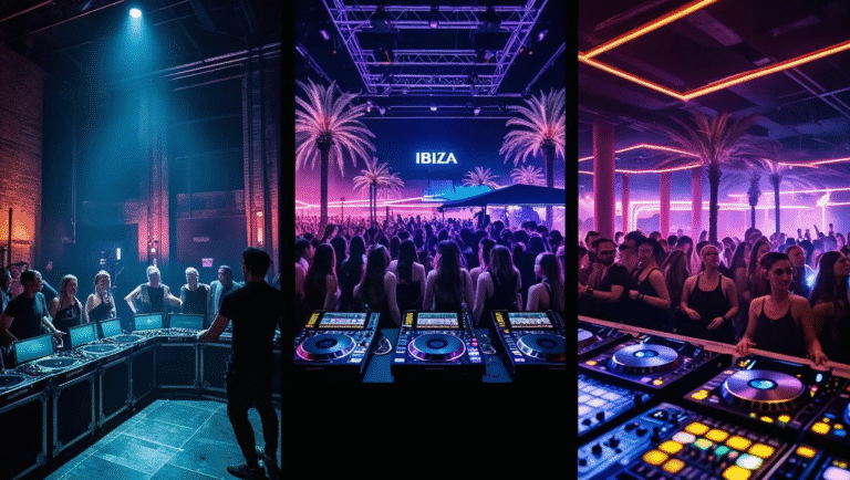 Best clubs and nightclubs in the world — rooftop in Ibiza, Berlin warehouse, and London underground venue with DJ and lighting setup