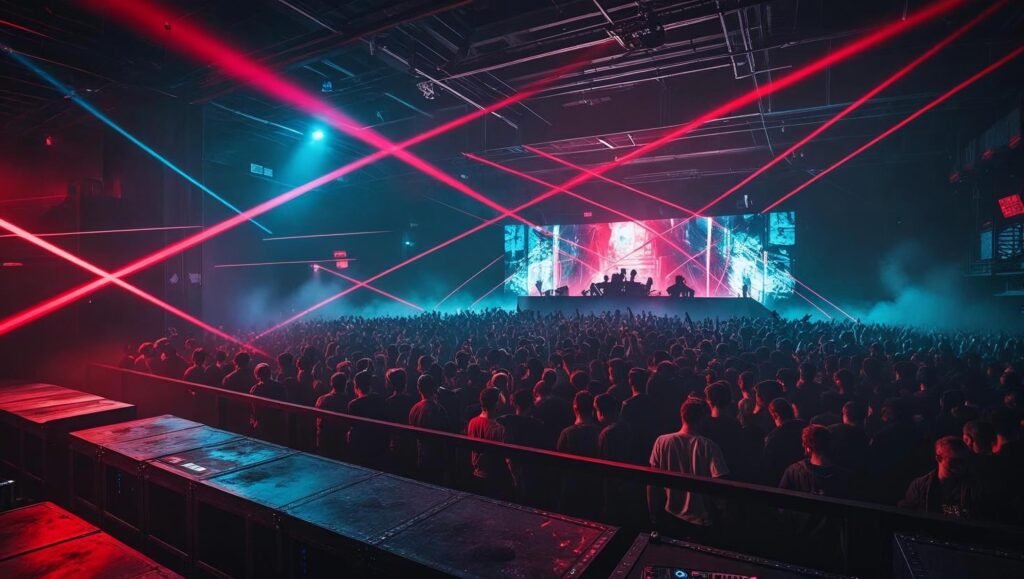 Crowded industrial warehouse nightclub in Cologne with intense blue and red lighting, lasers cutting through smoke, and a DJ performing on an LED-lit stage — Bootshaus clubbing scene.
