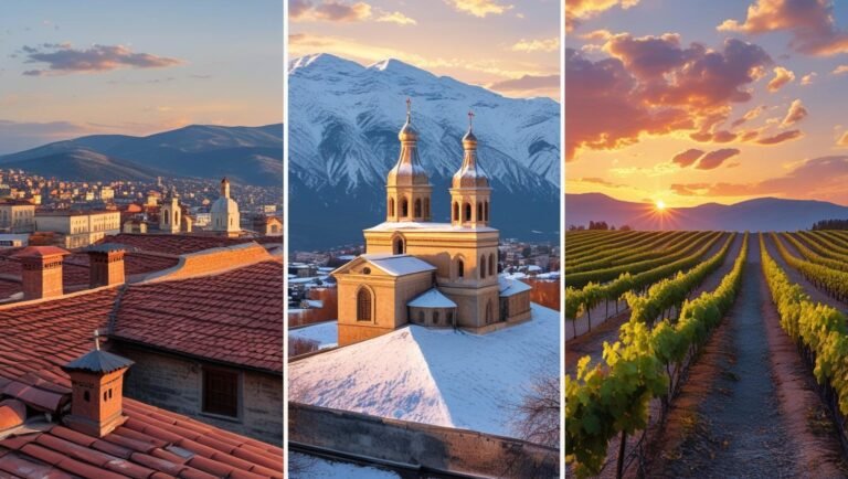 3‑in‑1 collage of Georgia’s Tbilisi, Gergeti Church and Kakheti vineyards – cheapest countries to visit in Europe.