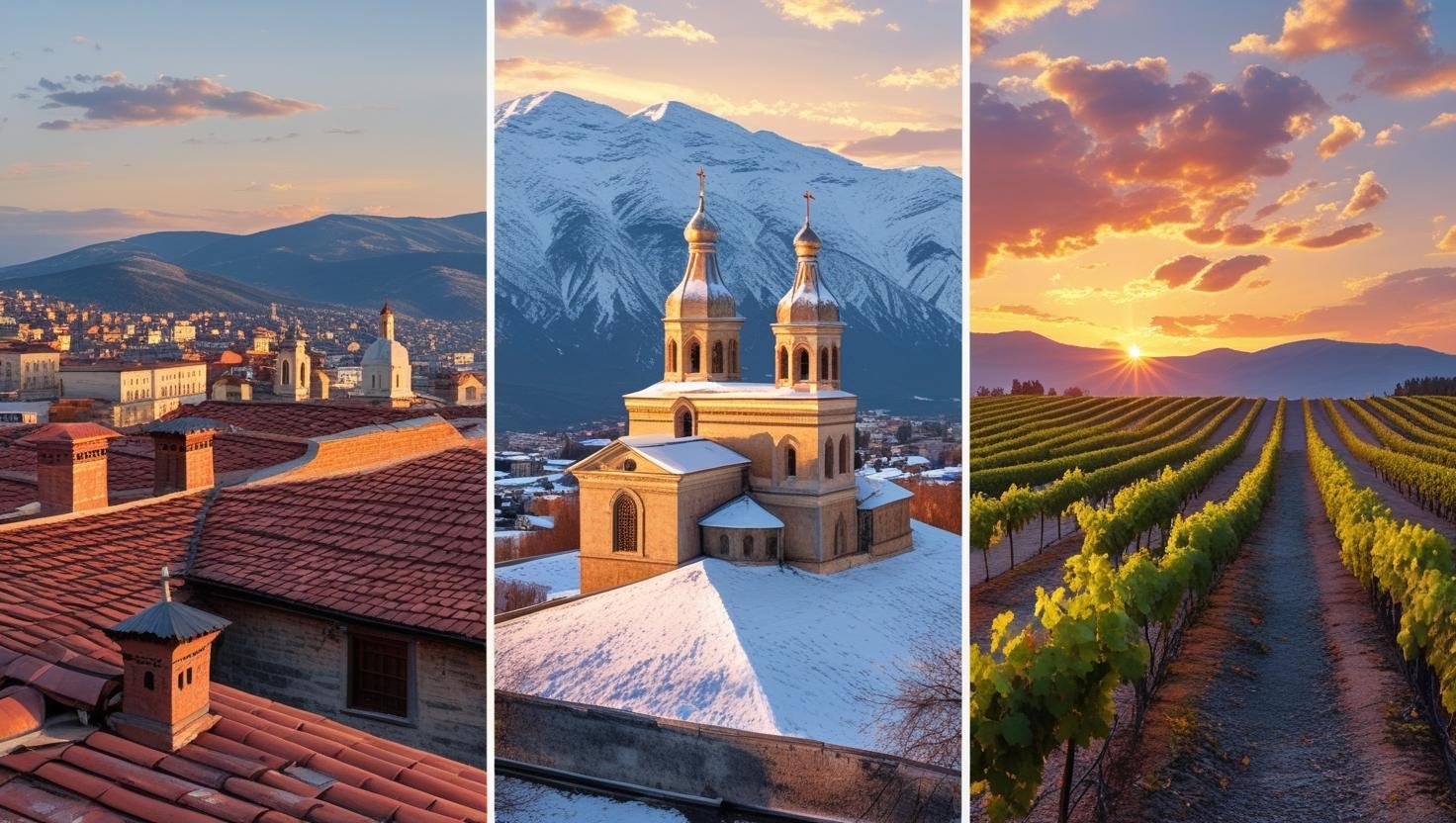 3‑in‑1 collage of Georgia’s Tbilisi, Gergeti Church and Kakheti vineyards – cheapest countries to visit in Europe.