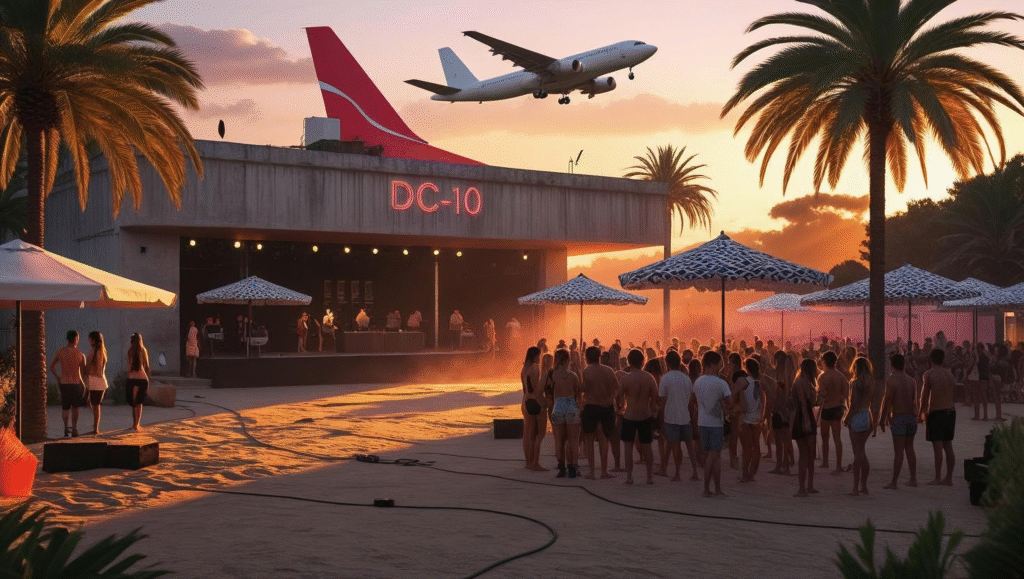 Sunset crowd dancing in the open-air garden at DC-10 Ibiza with palm trees, dusty floor, and the club’s red airplane tail logo beside the runway — iconic underground house vibe.