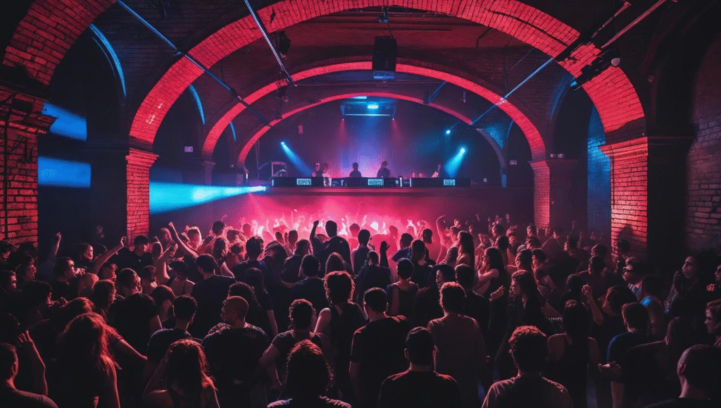 Underground nightclub scene at Fabric London featuring a crowded dancefloor, arched brick ceiling, moody lighting, and red-blue strobes over a deep bass music crowd.