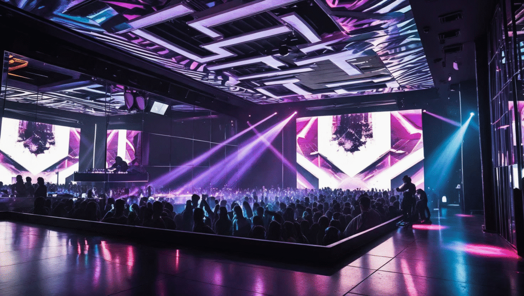 Futuristic LED-ceiling dance floor at Hï Ibiza, packed with clubbers under vibrant lights — widely ranked among the top 10 night clubs in the world.
