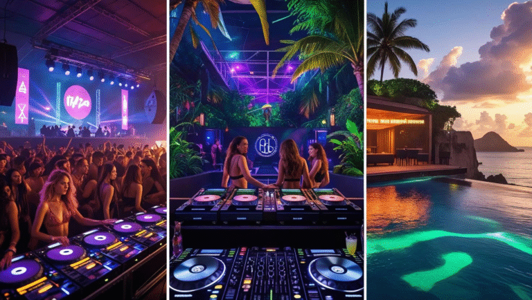 Collage of the hottest nightclubs in the world 2025 – Ibiza, Berlin, Bali, Brazil, rooftop and beach party scenes