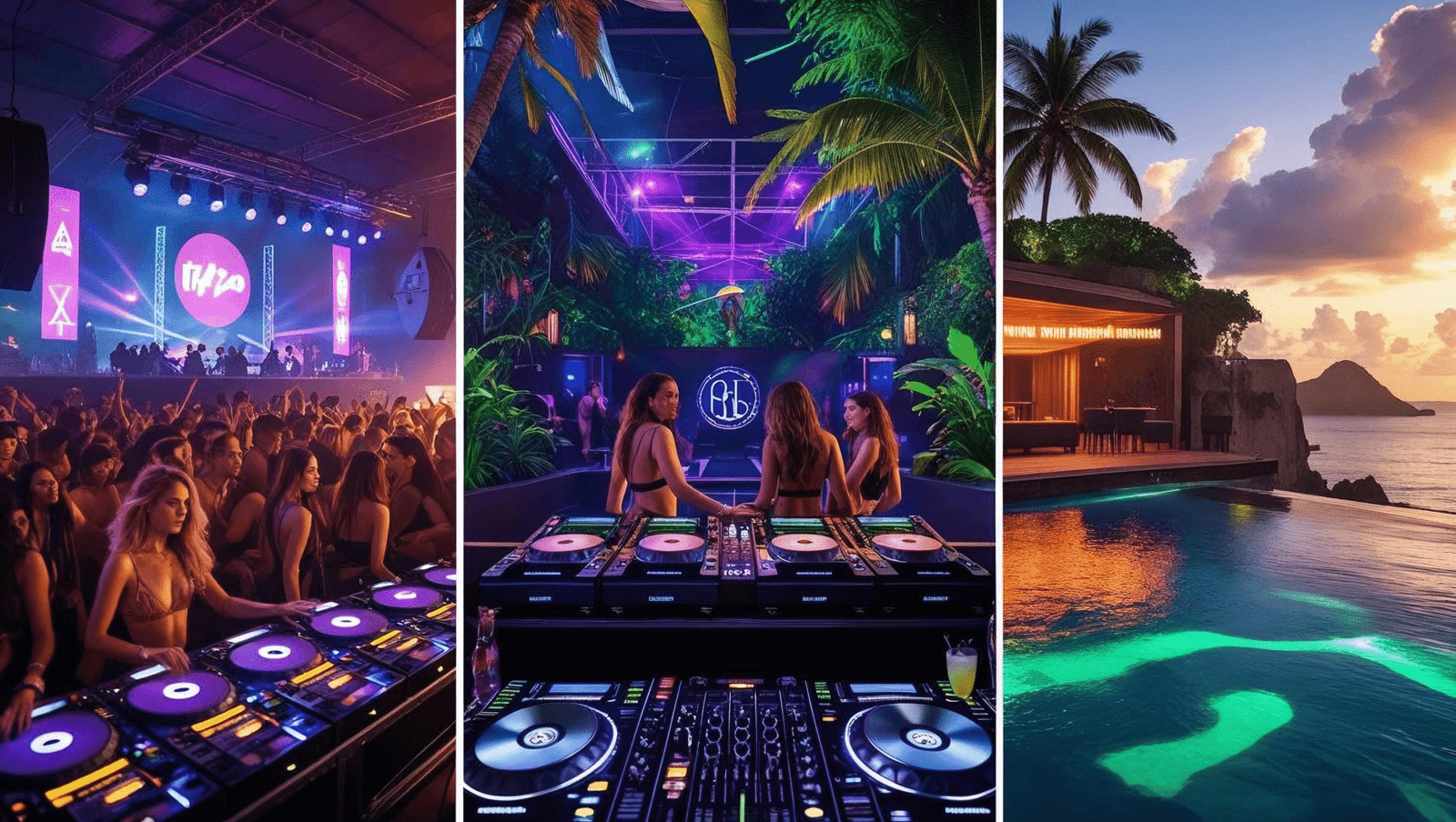 Collage of the hottest nightclubs in the world 2025 – Ibiza, Berlin, Bali, Brazil, rooftop and beach party scenes