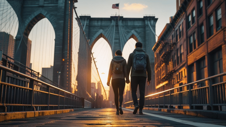 Couple walking on Brooklyn Bridge at sunrise – exploring New York safely