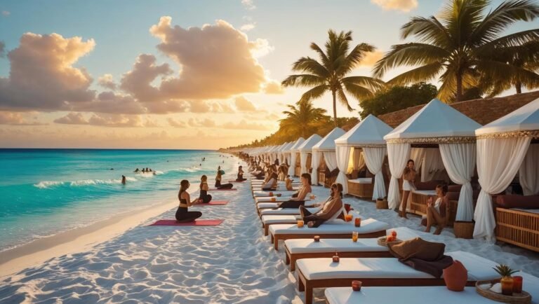 Luxurious beach club in Tulum with white sunbeds, palm trees, turquoise Caribbean sea, and vibrant sunset atmosphere