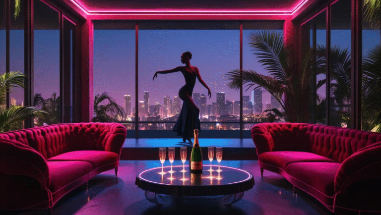 Upscale Medellín nightlife lounge with red velvet seating, silhouetted dancer on stage, champagne on table.