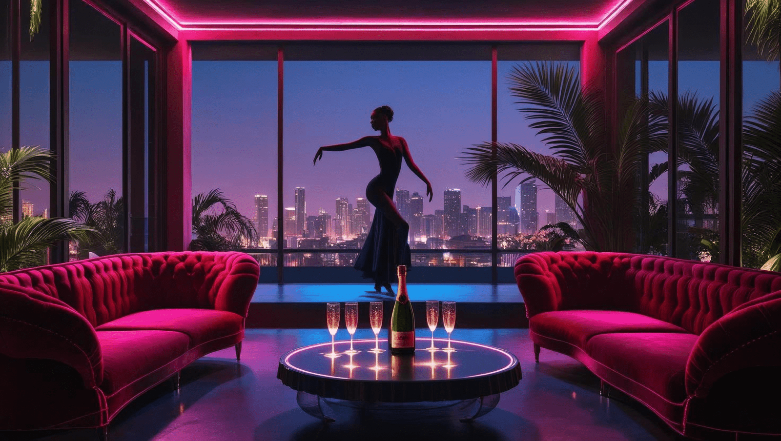 Upscale Medellín nightlife lounge with red velvet seating, silhouetted dancer on stage, champagne on table.