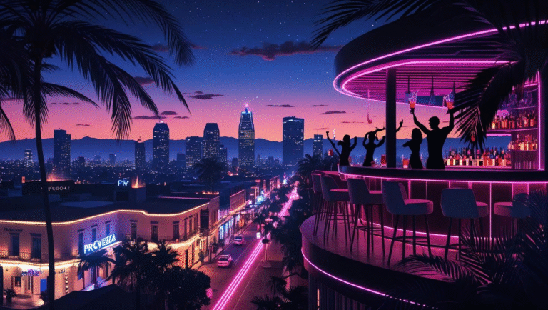Medellín valley at night with rooftop bar, neon lights, dancing crowd – Medellín nightlife guide