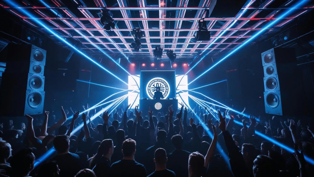 Packed main room at Ministry of Sound London with towering speakers, blue-white lasers, and the club’s circular logo projected behind the DJ — iconic UK nightlife scene.