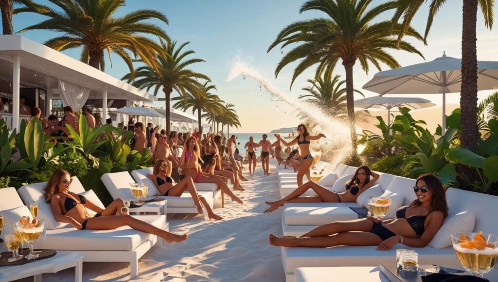 VIP champagne spray at Nikki Beach Marbella – best beach clubs in Marbella