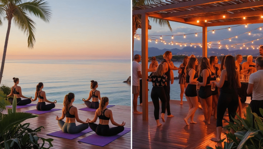 Morning yoga and sunset tech-house party at Nosso Summer Club Marbella – best beach clubs in Marbella.