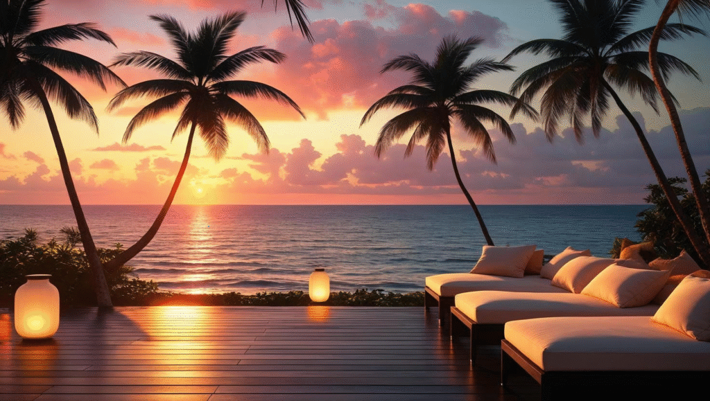 Tropical coastal deck at sunset near Marbella – upscale beach club vibe.