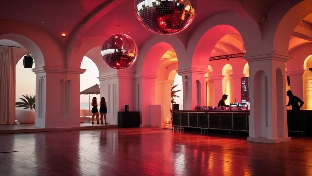 Sunset-lit main room of Pacha Ibiza with twin disco balls and white arches, often hailed as the best club in the world.
