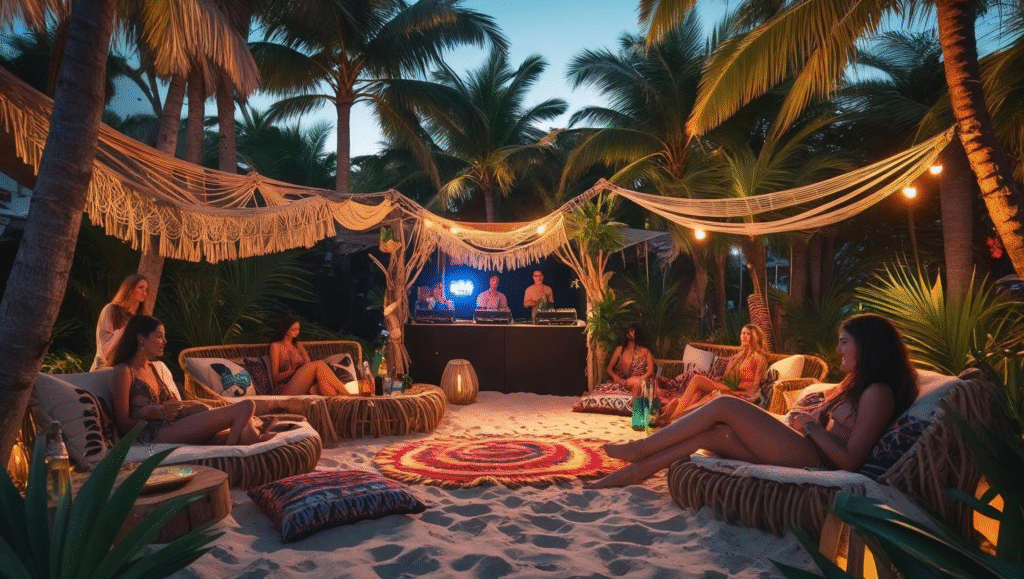 Boho jungle beach club scene with tech-house DJ at Playa Padre Marbella – best beach clubs in Marbella