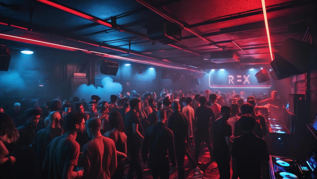 Packed underground dance floor at Rex Club in Paris with red and blue lighting, fog effects, and a DJ spinning vinyl in a moody, authentic techno atmosphere.