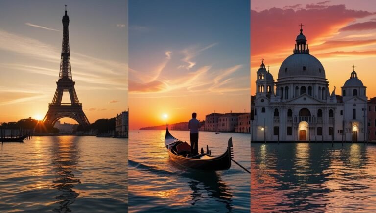 Romantic collage of Paris, Venice, and Santorini featuring iconic landmarks at sunset.